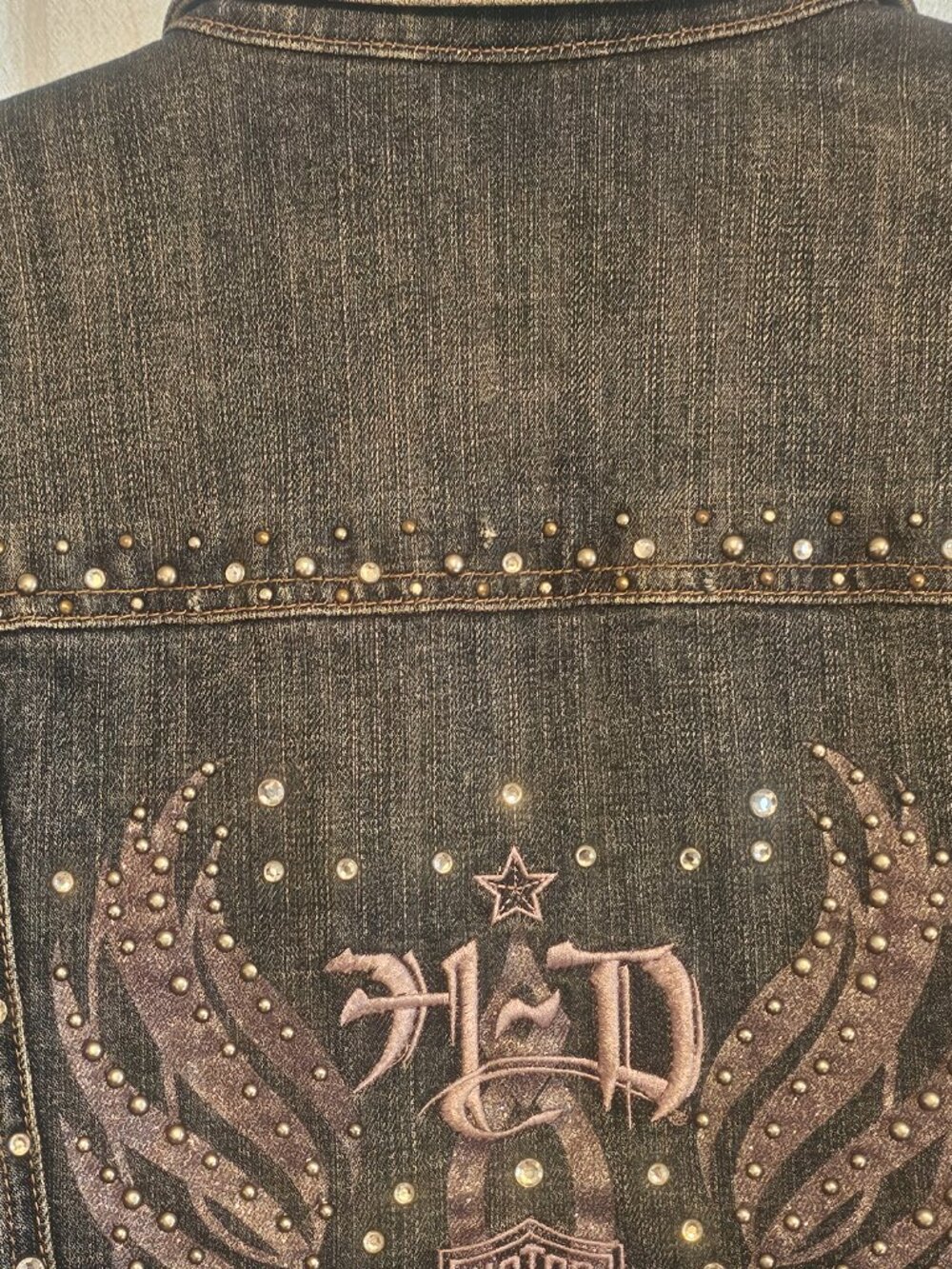 Harley Davidson Womens M Rhinestone Studded Denim Jacket Bling Wings - Picture 12 of 12